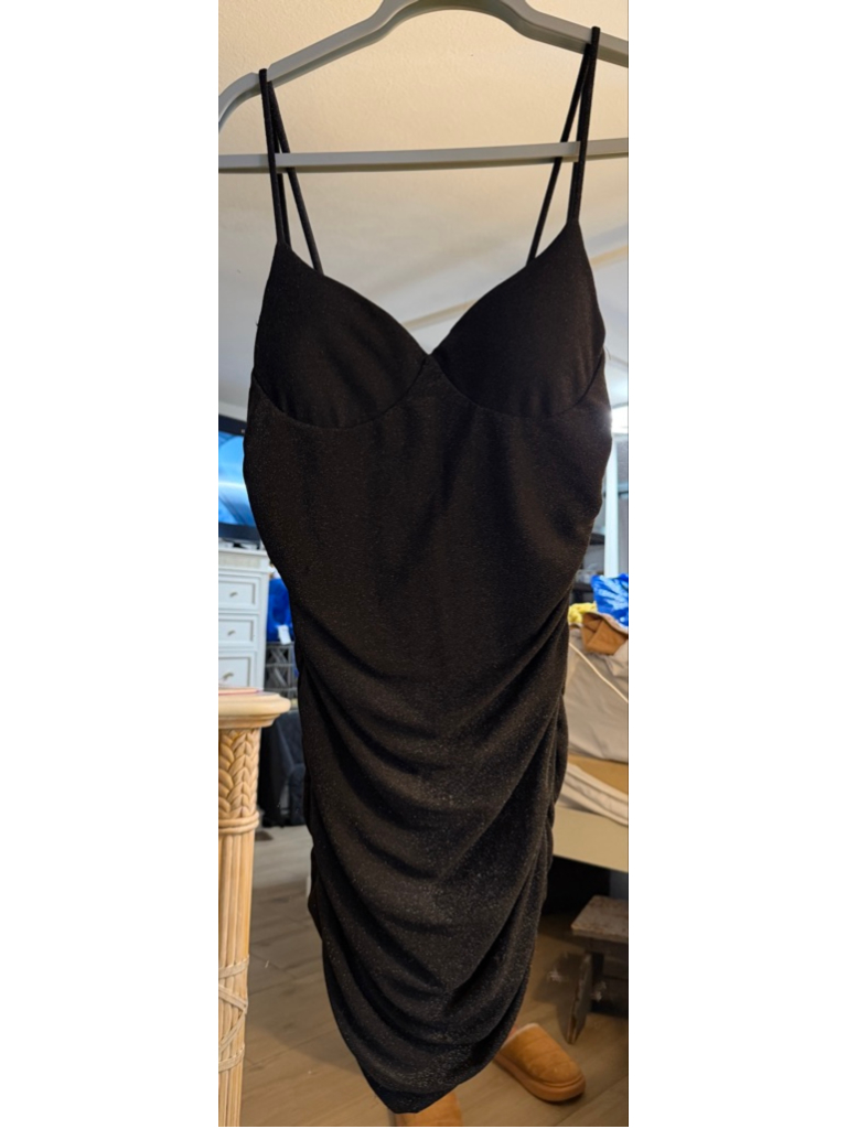 New Black Sparkly Ruched Mini Dress L